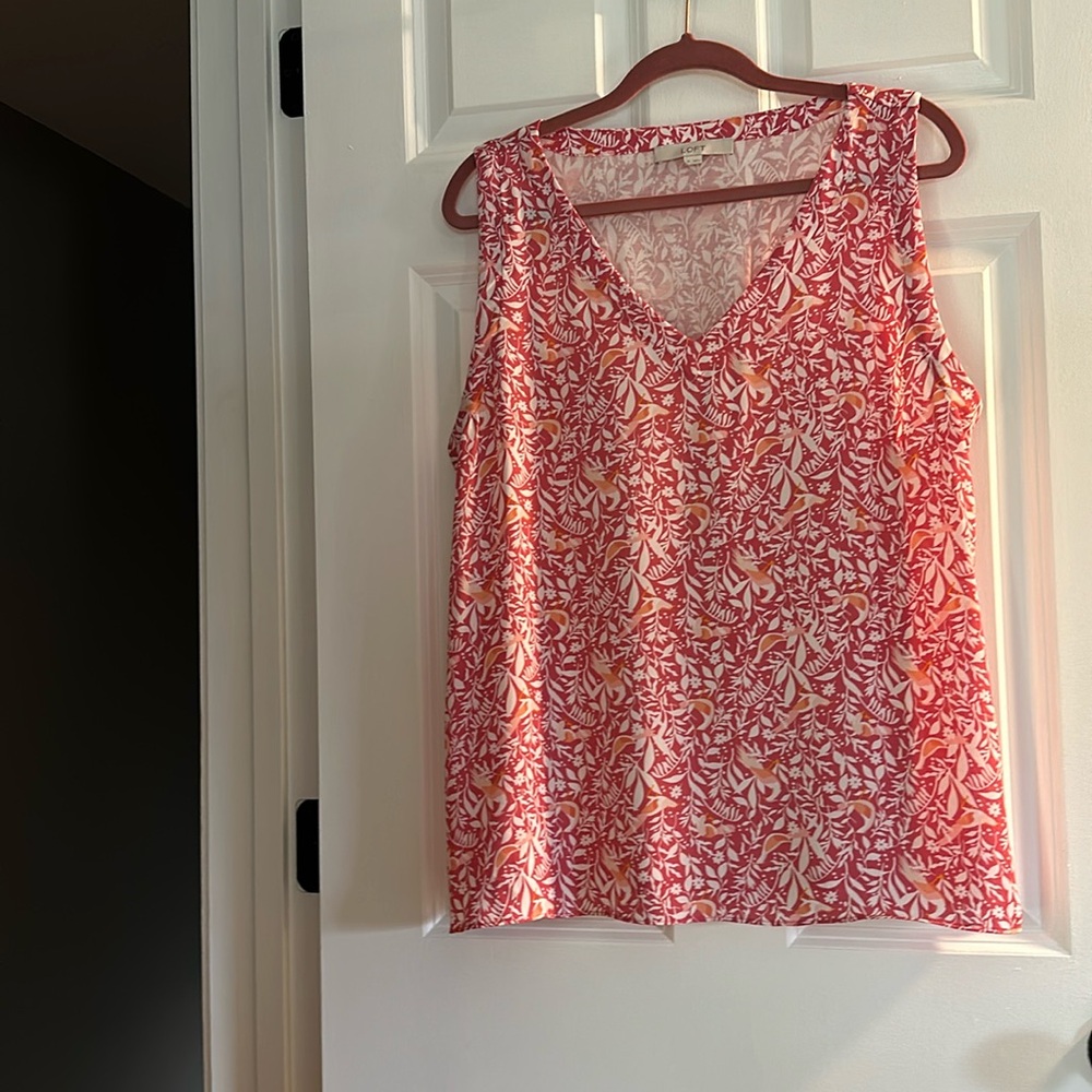 LOFT - Pink and white flowers/birds, v-neck mixed media shell